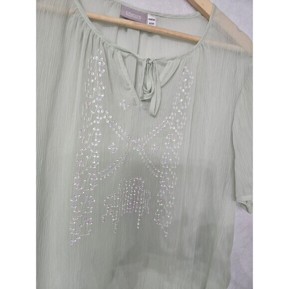 Chicos Shirt Womens Green Sheer  Top Iridescent  Sequin Embroidered‎ Size 22 - Picture 2 of 9